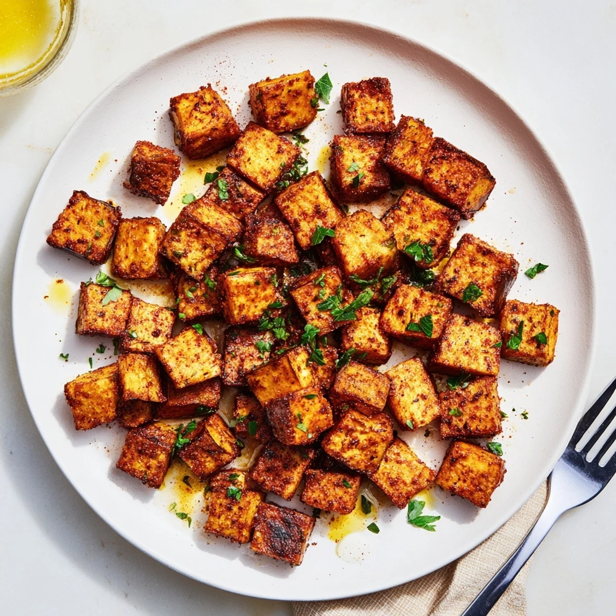 Golden brown low calorie air fryer eggplant cubes seasoned with paprika and garlic on a white serving plate
