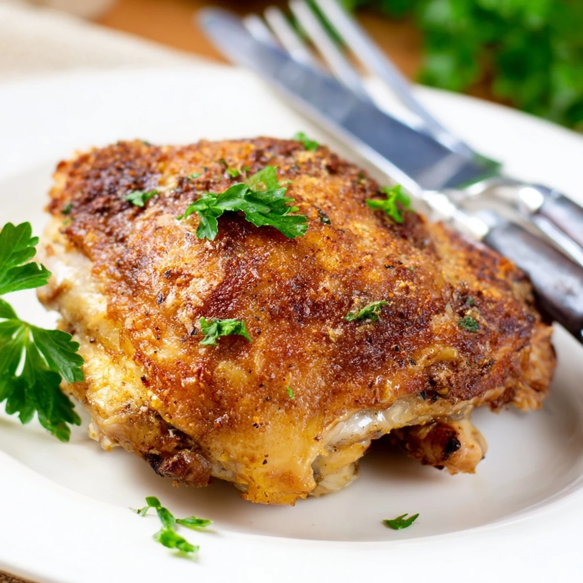 Golden buttermilk roasted chicken with crispy skin garnished with fresh parsley and lemon wedges