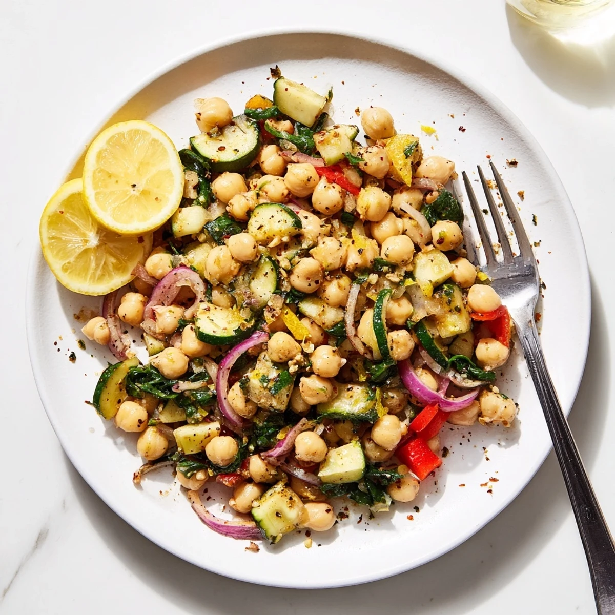 Golden chickpea lemon skillet with colorful vegetables in a cast iron pan