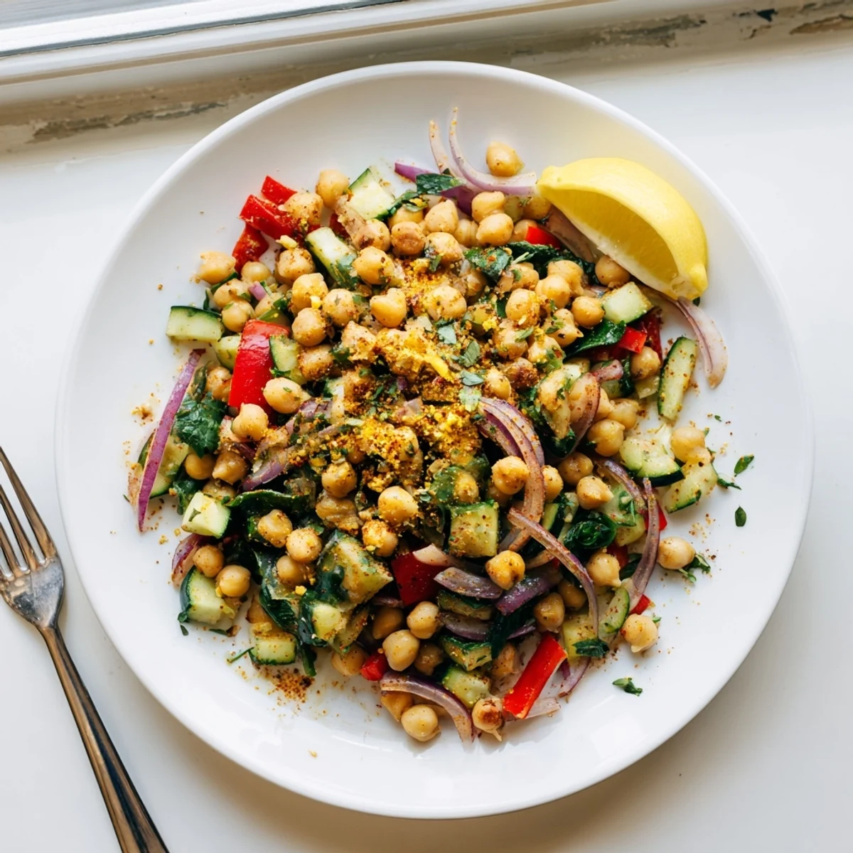 Vibrant Mediterranean chickpea lemon skillet garnished with fresh parsley and lemon wedges