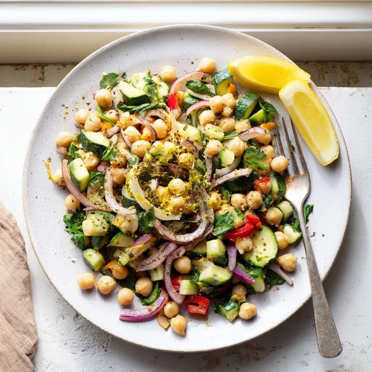 One-pan chickpea lemon skillet featuring spinach bell peppers and zucchini in olive oil