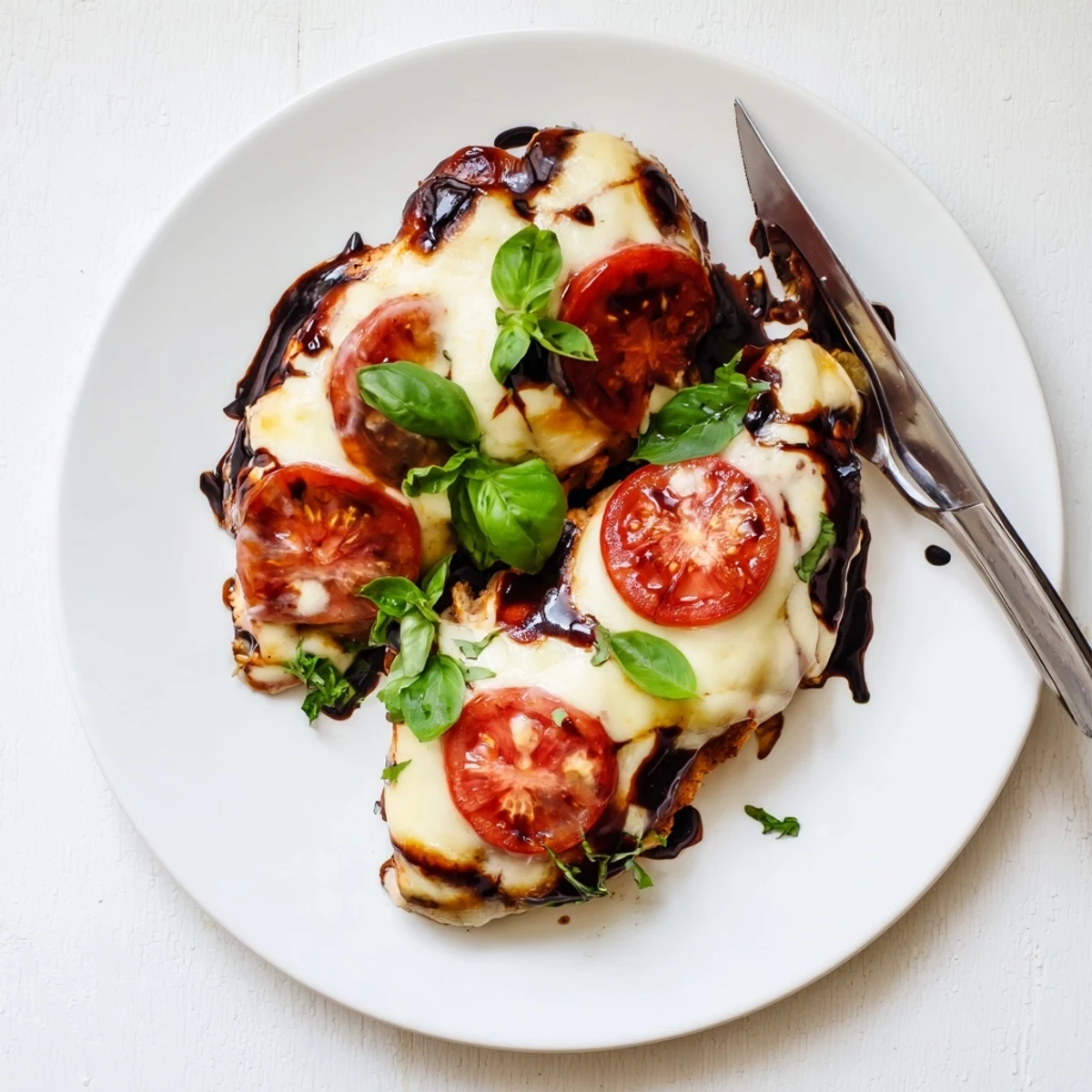 Baked balsamic chicken with bubbly mozzarella cheese and tomato slices on top