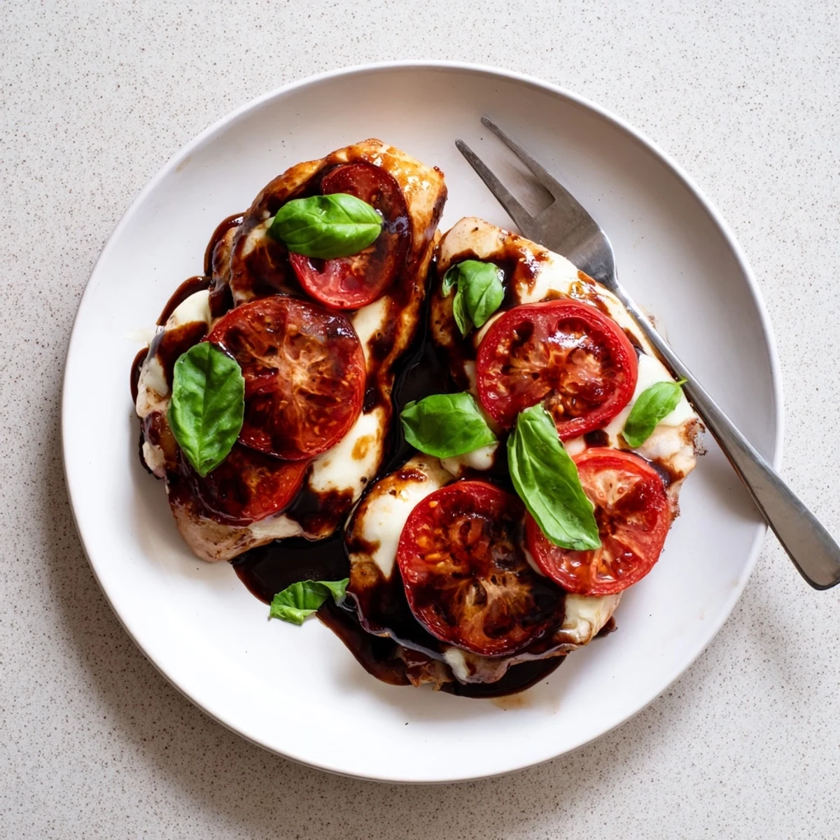 Juicy glazed chicken breast finished with melted mozzarella and aromatic fresh basil garnish
