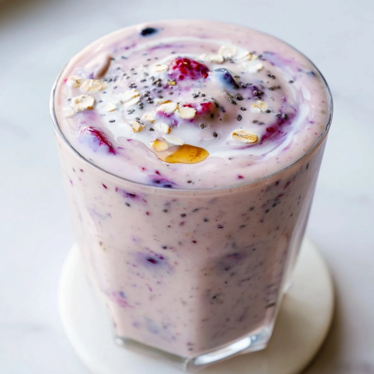 Fresh Greek yogurt breakfast smoothie topped with extra berries and granola for morning energy