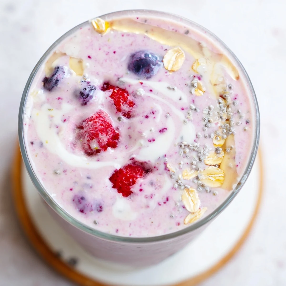 Thick creamy Greek yogurt breakfast smoothie blended with purple berries and banana in a glass
