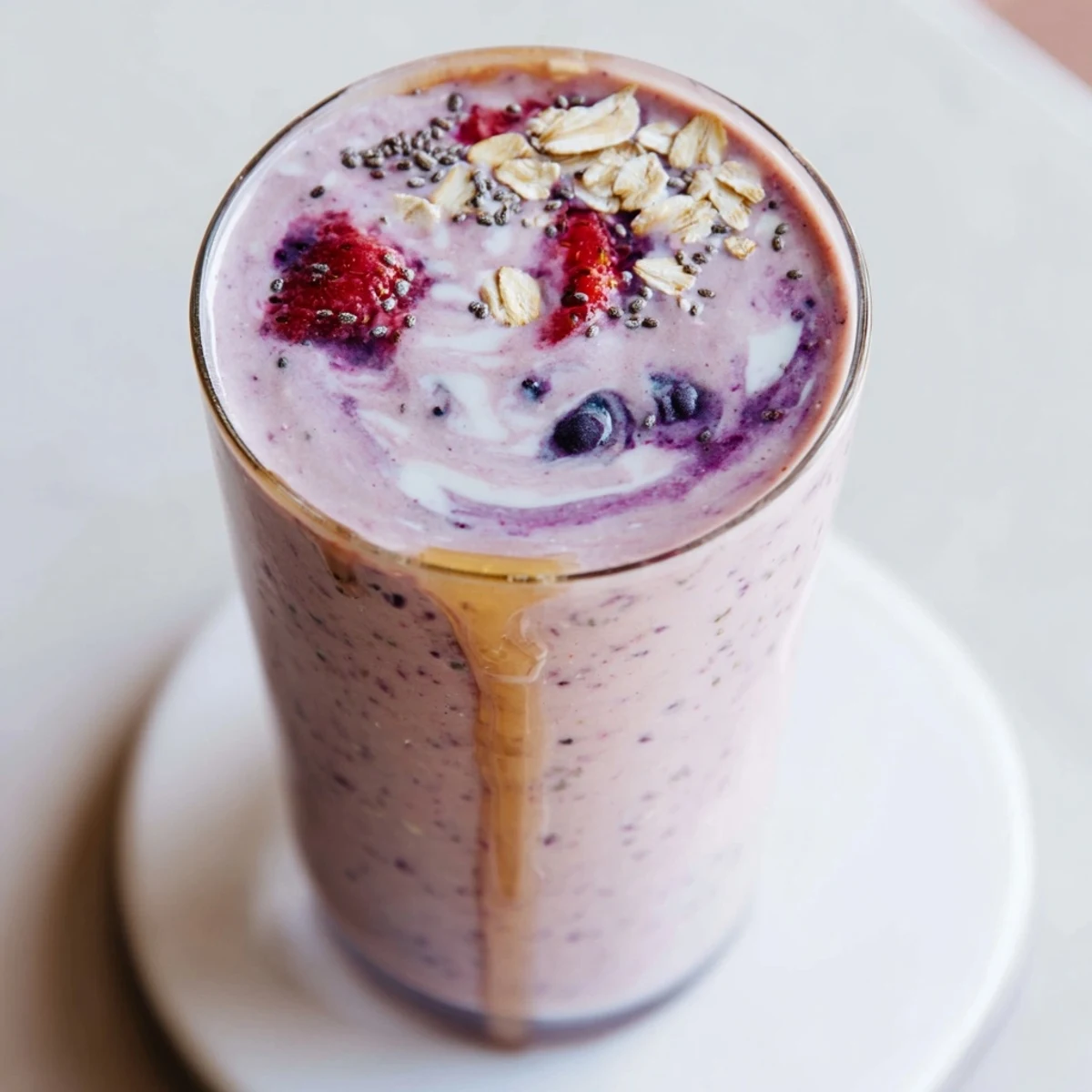 Protein-packed Greek yogurt breakfast smoothie poured into tall glasses with swirling berry colors