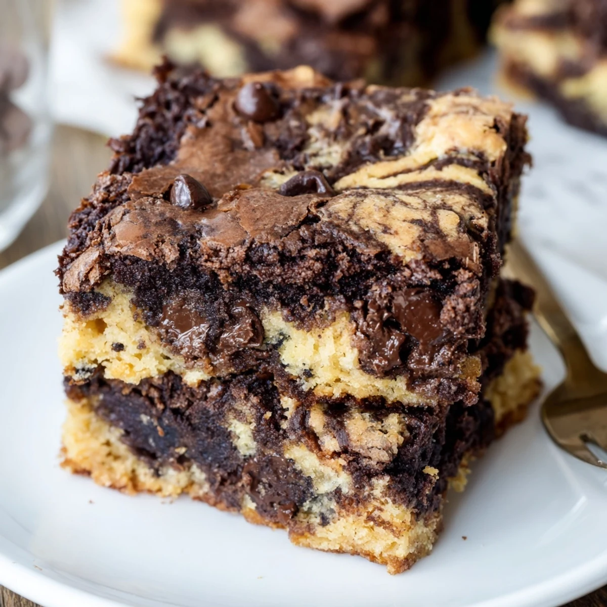 Square slice of fudgy chewy browkies displaying rich chocolate texture and melted chocolate chips