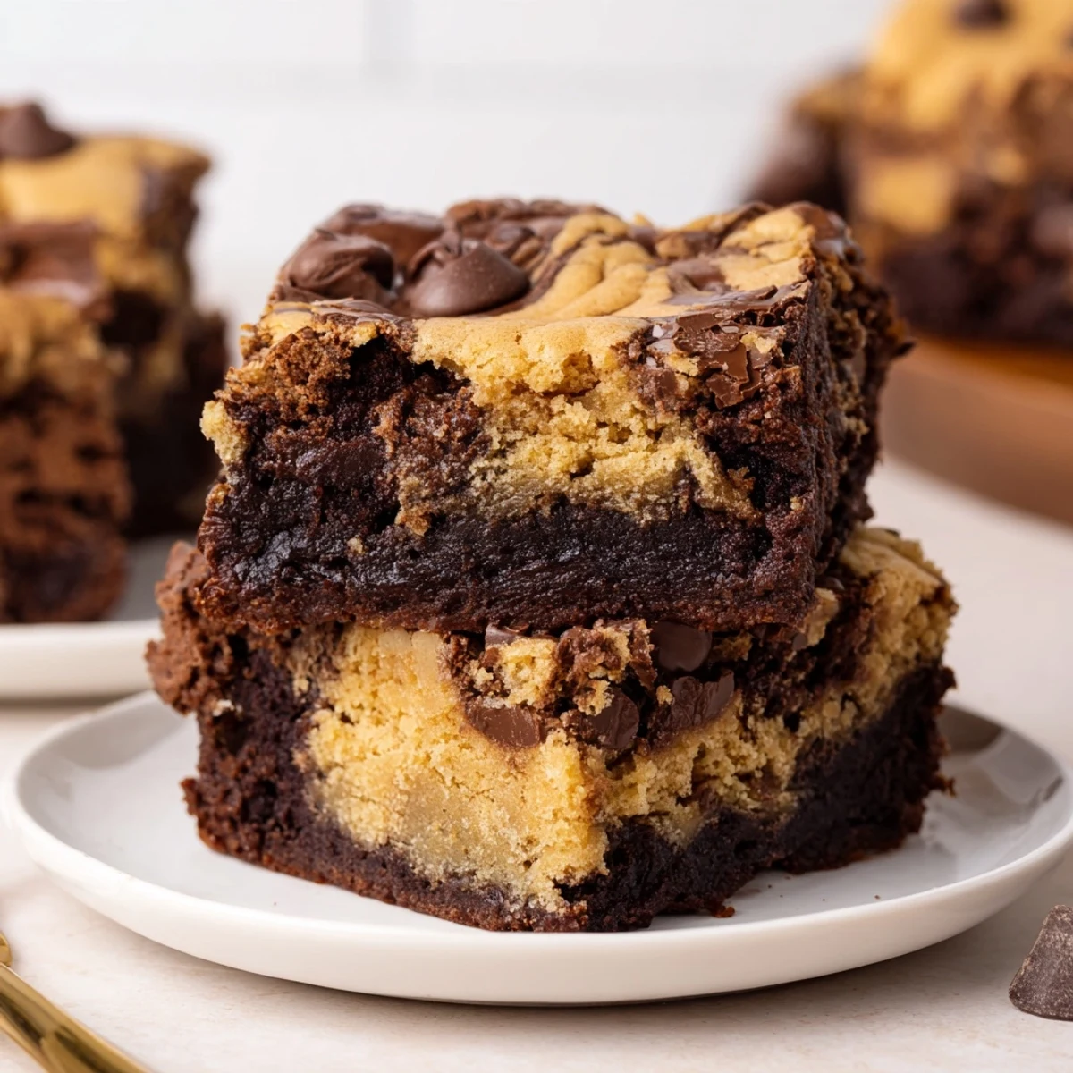 Homemade fudgy chewy browkies cut into squares with cracked glossy chocolate cookie top