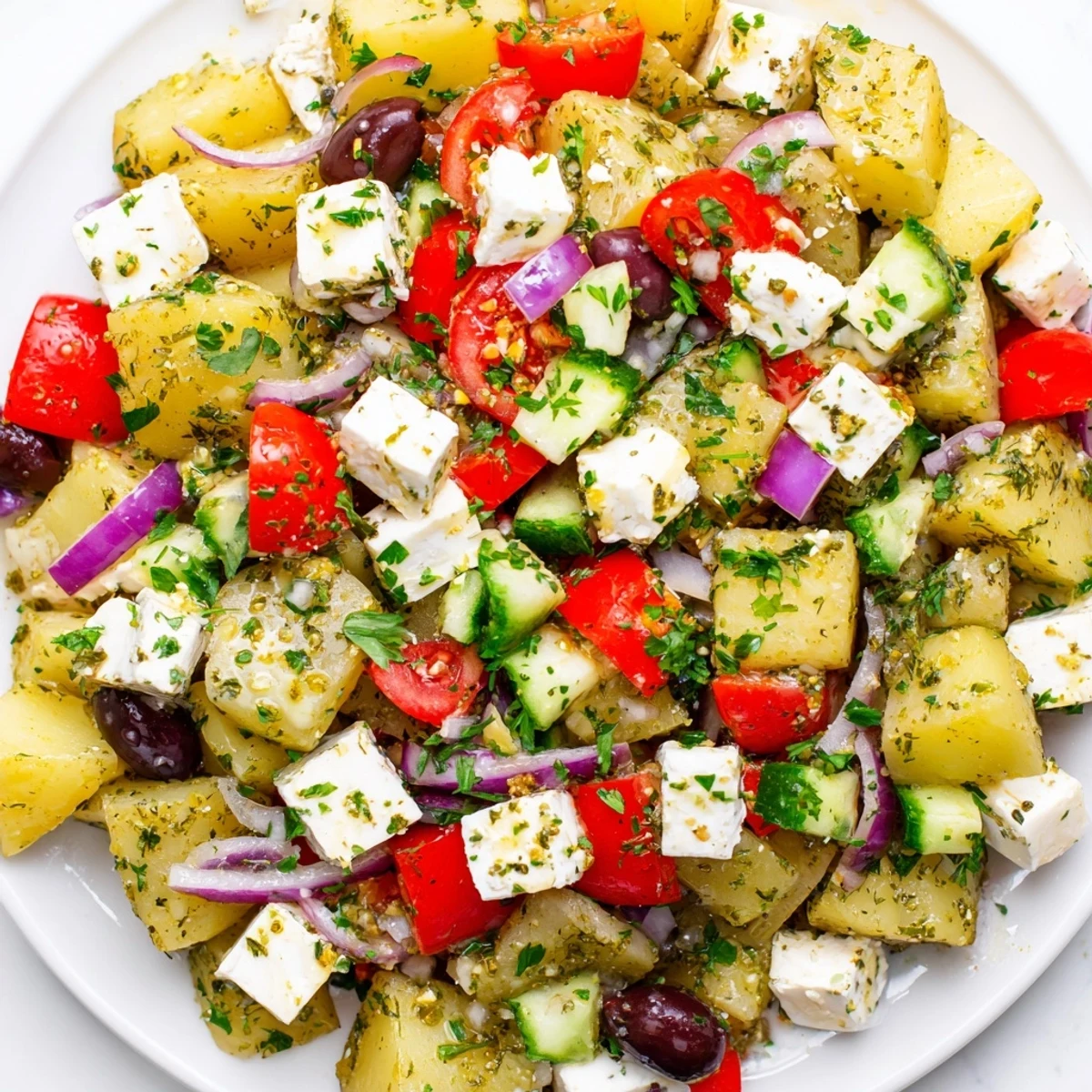 Creamy Greek potato salad featuring tender Yukon Gold potatoes with crisp vegetables and zesty olive oil dressing