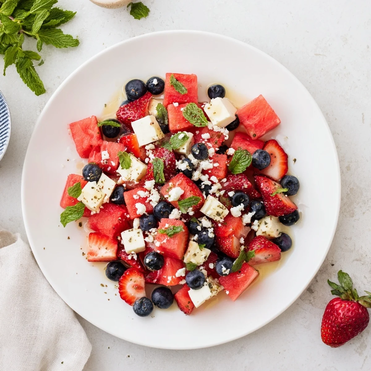 Fresh strawberry watermelon salad drizzled with honey lime vinaigrette featuring mint and ripe berries