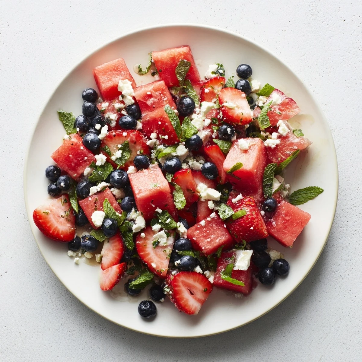 Summer salad bowl with juicy watermelon cubes and sliced strawberries in tangy honey lime dressing