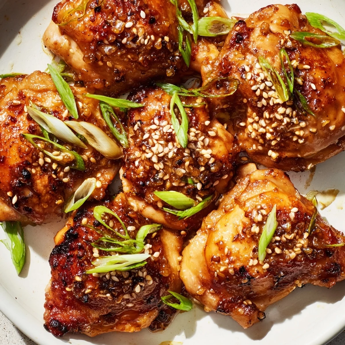 Savory Japanese-inspired chicken thighs caramelized to perfection after roasting in miso garlic marinade