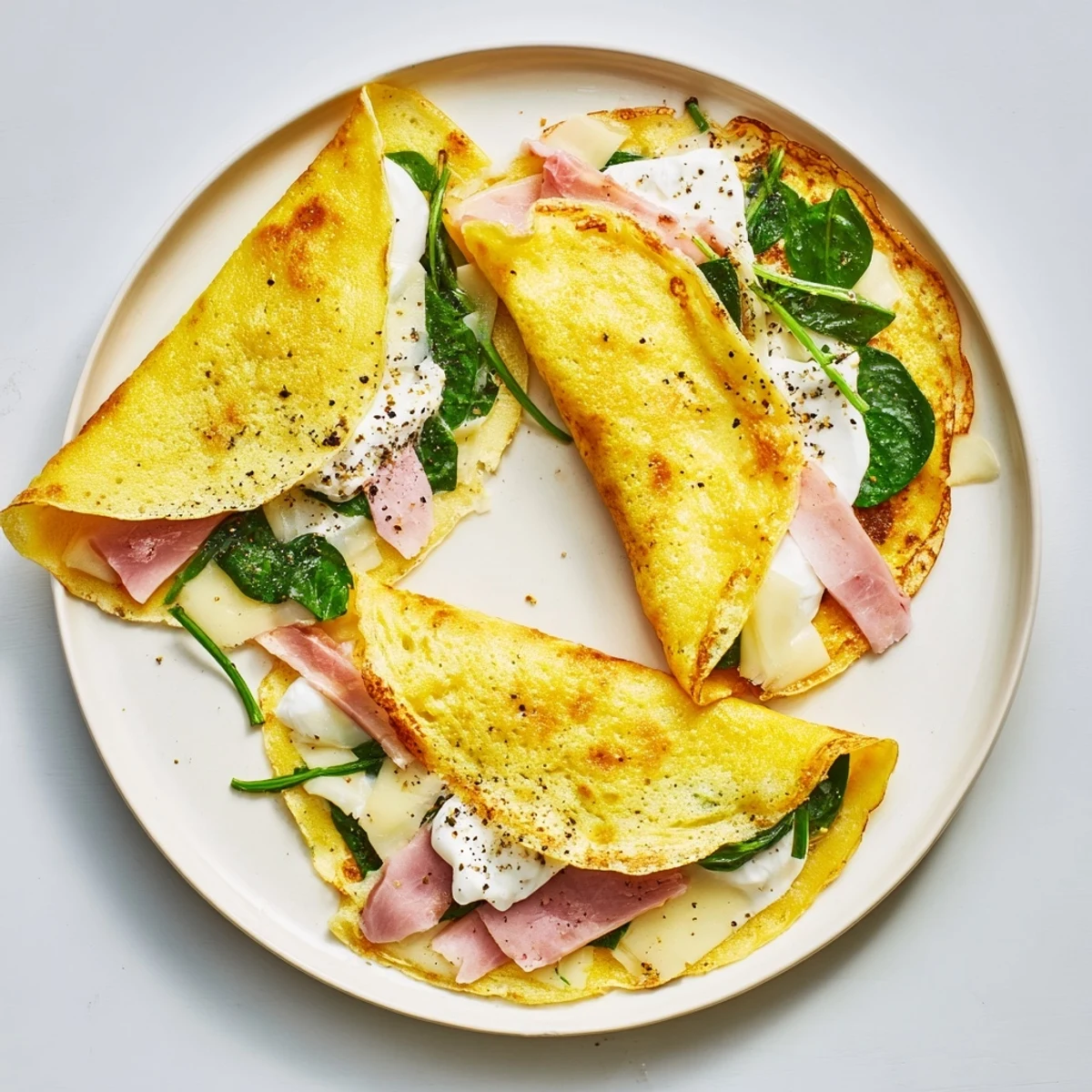Golden savory crepes folded with melted Gruyère cheese, spinach, and thinly sliced ham on a white plate