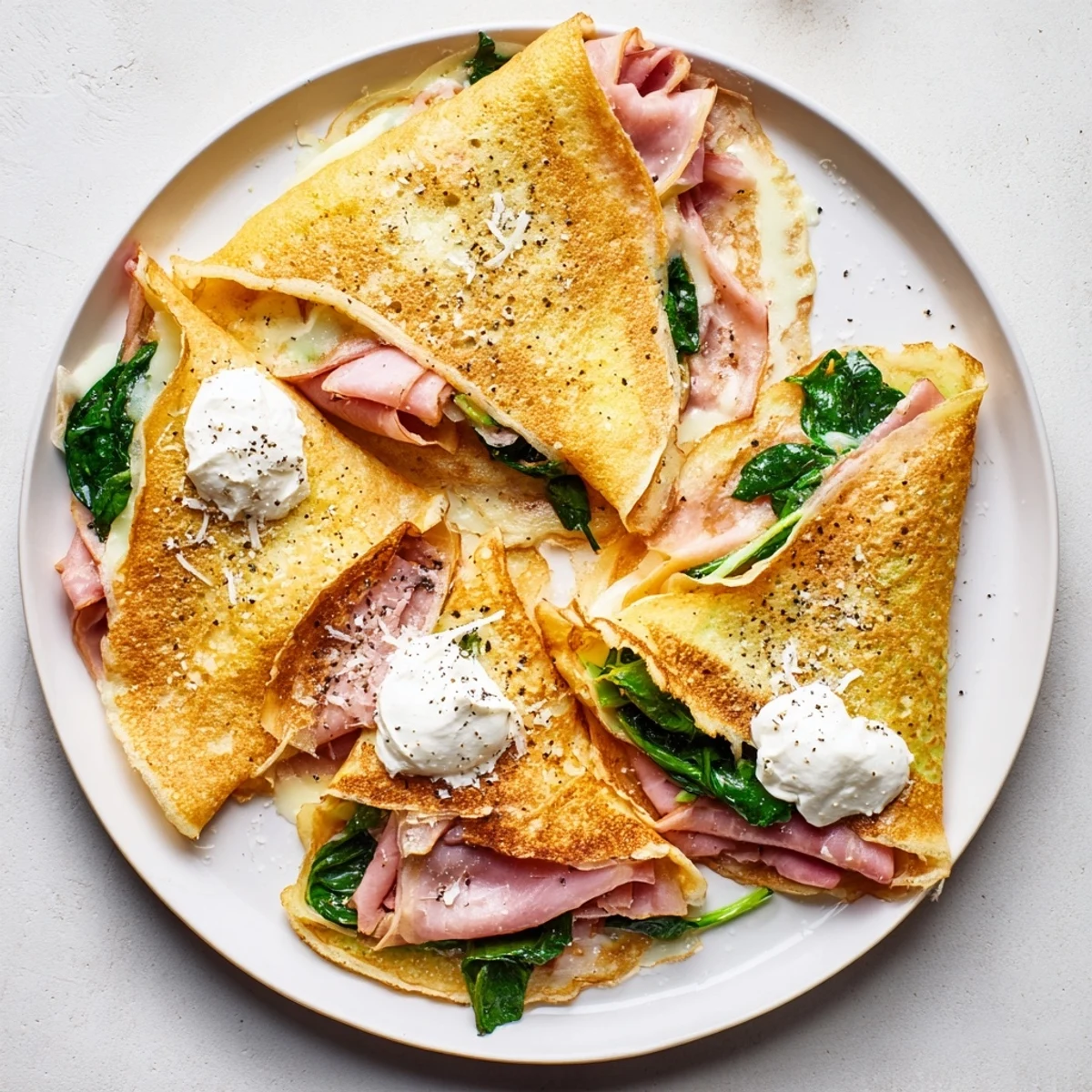 Delicate French savory crepes filled with creamy crème fraîche, baby spinach, and bubbling grated cheese