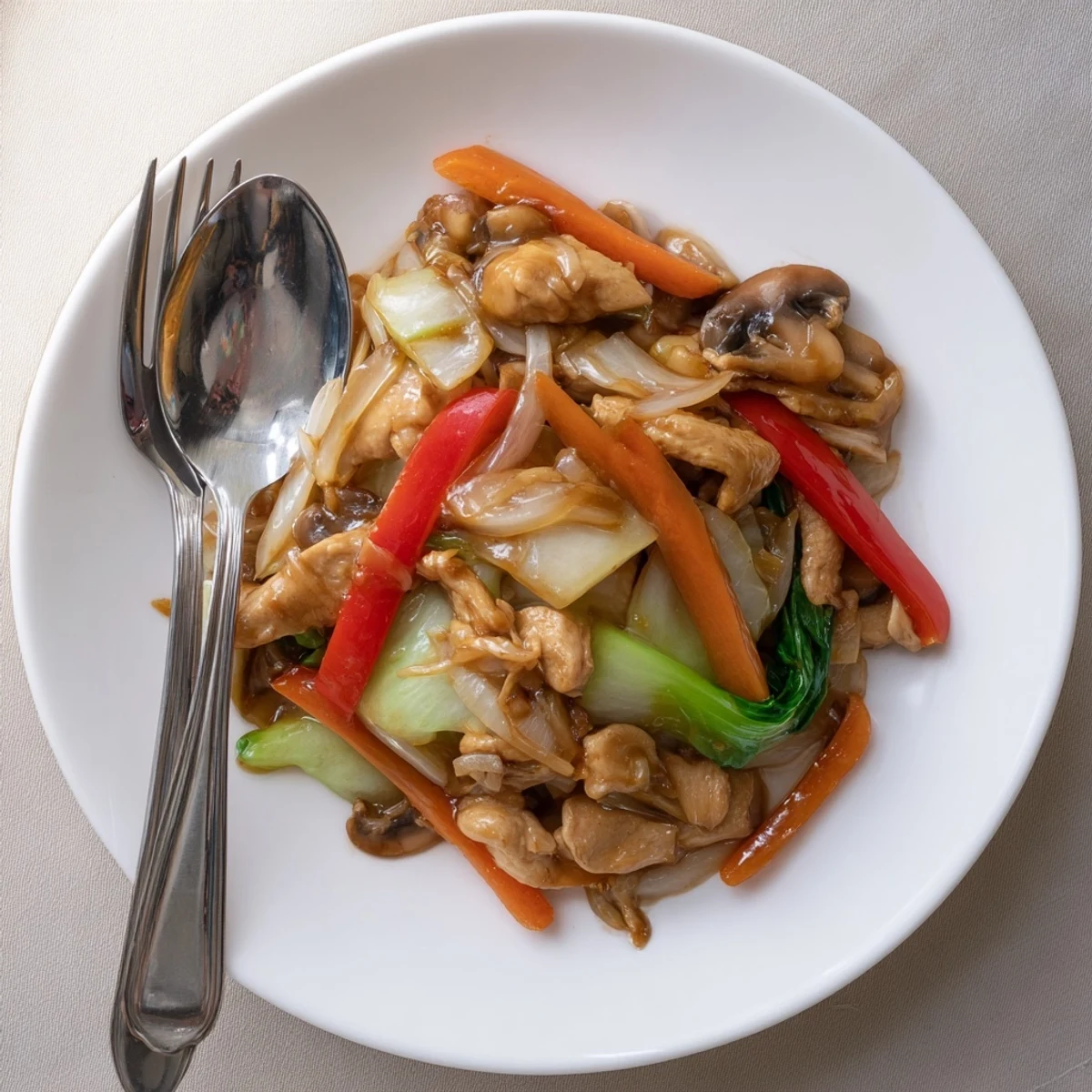 Sizzling Chop Suey featuring protein and colorful veggies coated in thick glossy glaze