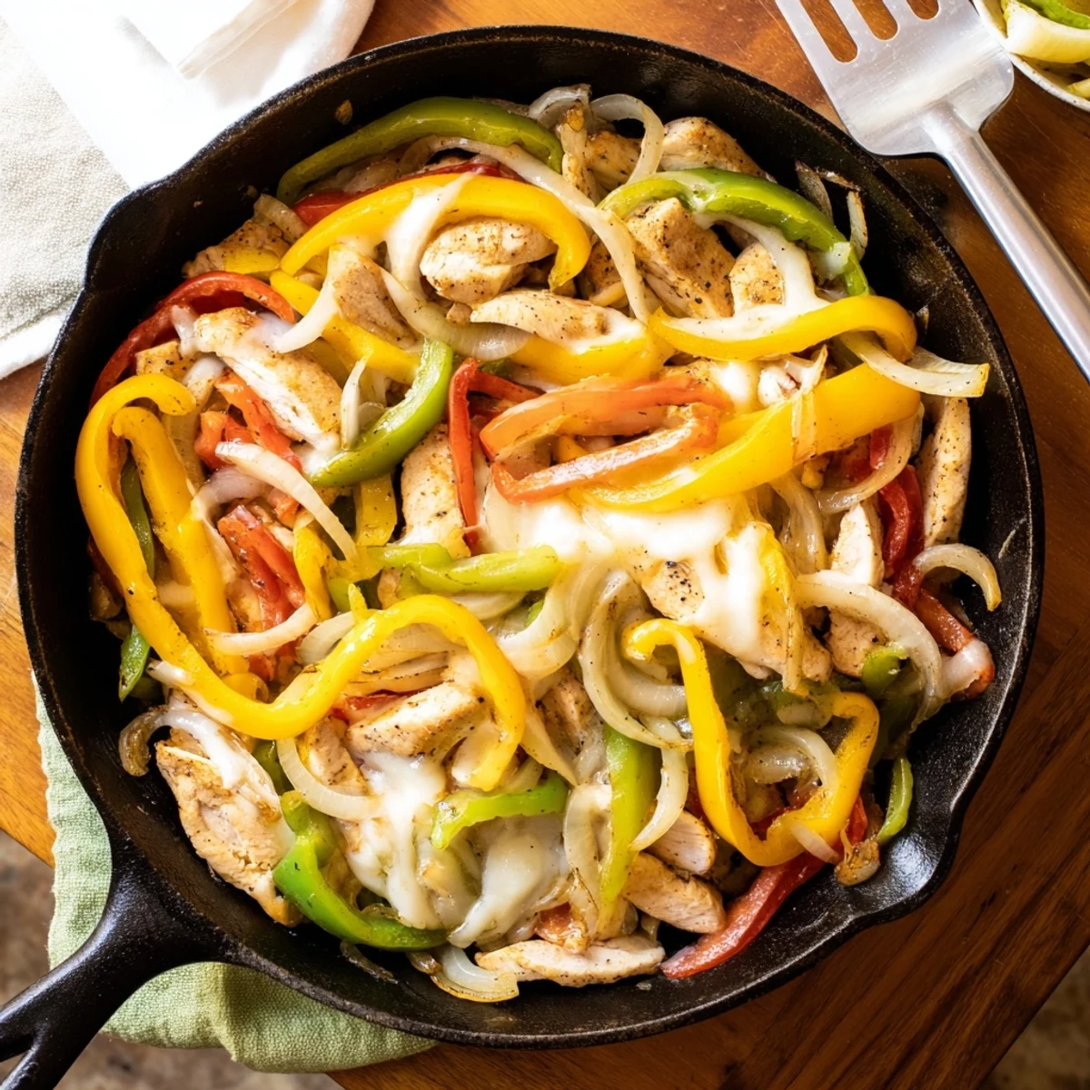 Sizzling chicken cheesesteak skillet with melted provolone and caramelized colorful peppers in a cast iron pan