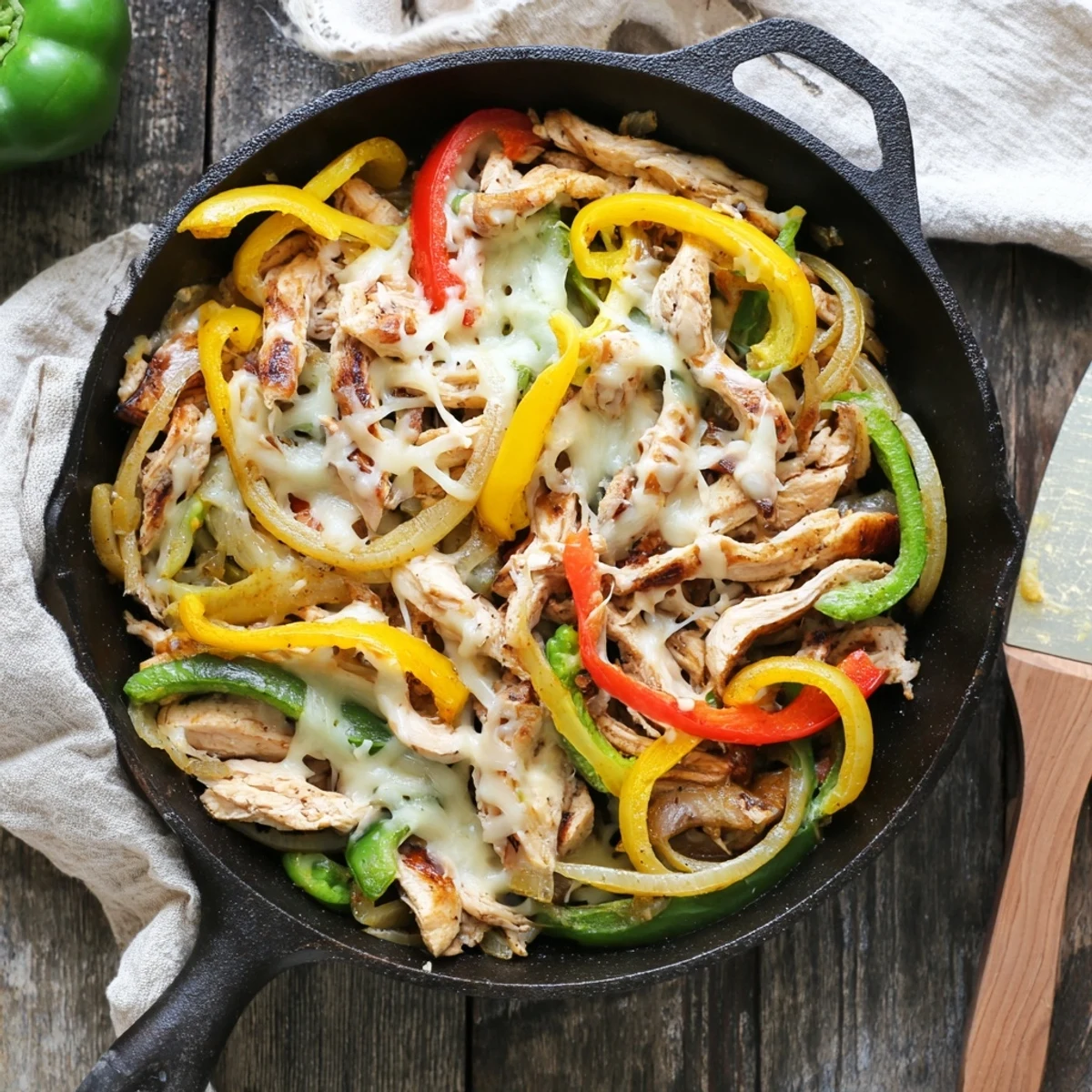 Golden sliced chicken cheesesteak mixture topped with bubbling cheese and sautéed onions for easy weeknight dinners