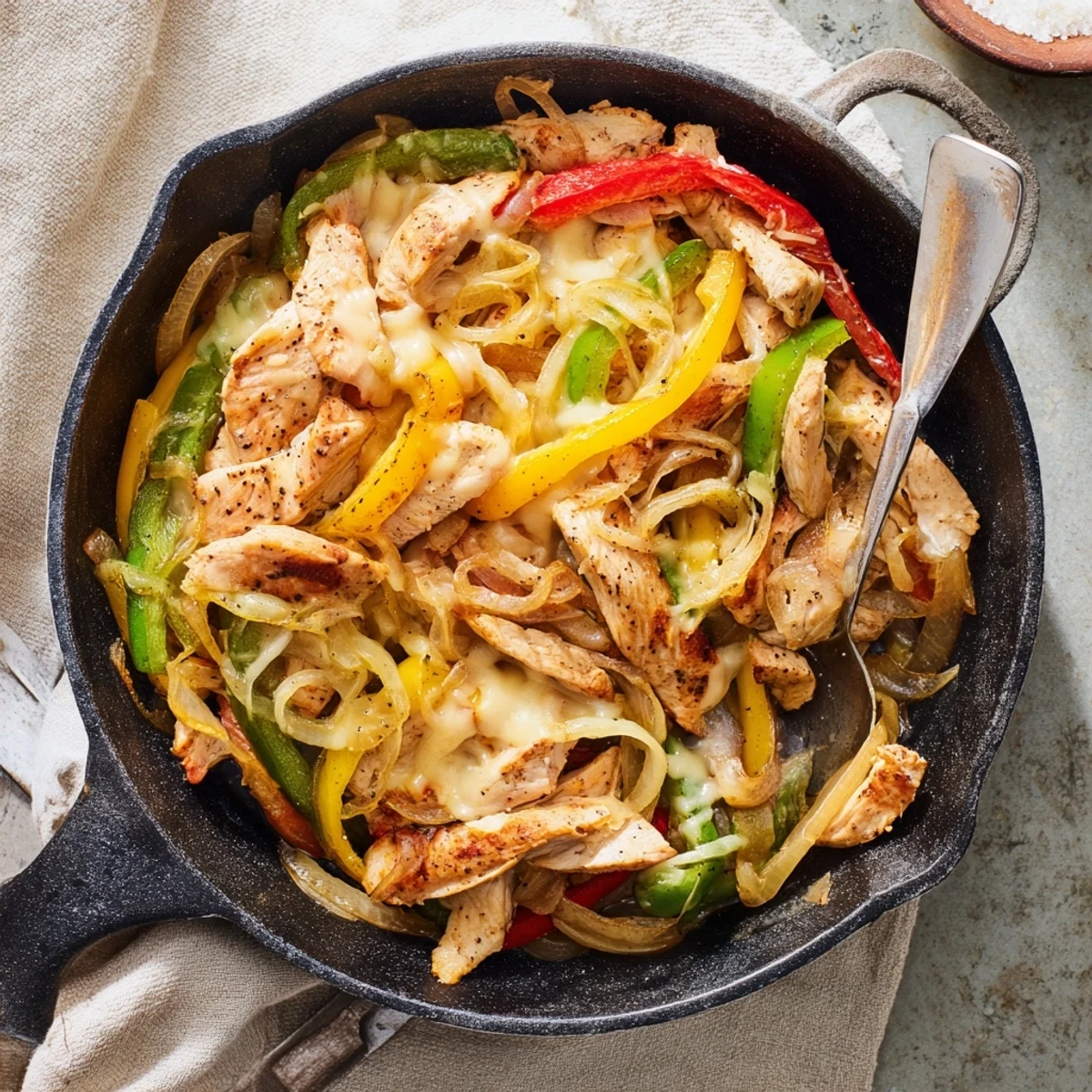 One-pan chicken cheesesteak skillet featuring tender meat and red green peppers under melted provolone cheese slices
