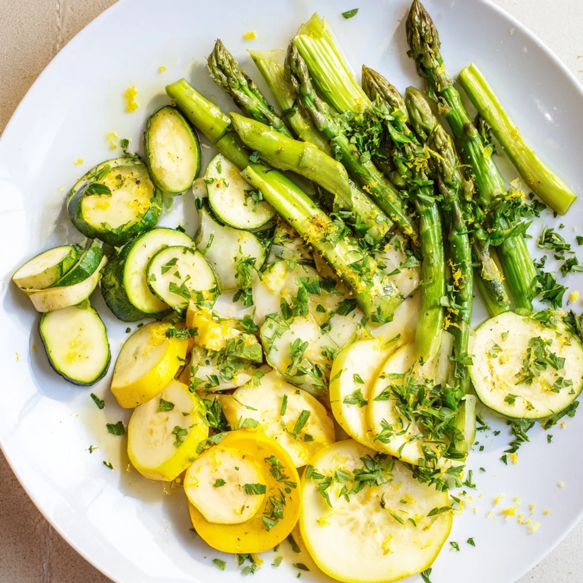 Colorful vegetable medley featuring tender crisp asparagus zucchini and squash drizzled with fresh lemon juice