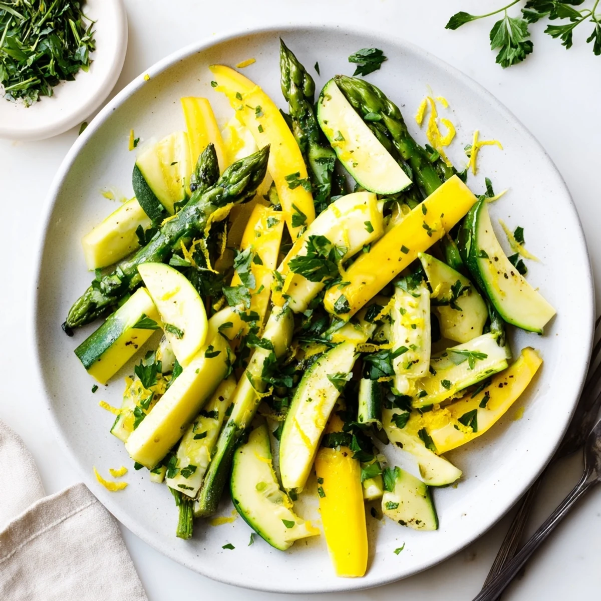 Golden sautéed asparagus with zucchini and yellow squash seasoned with garlic and fresh herbs