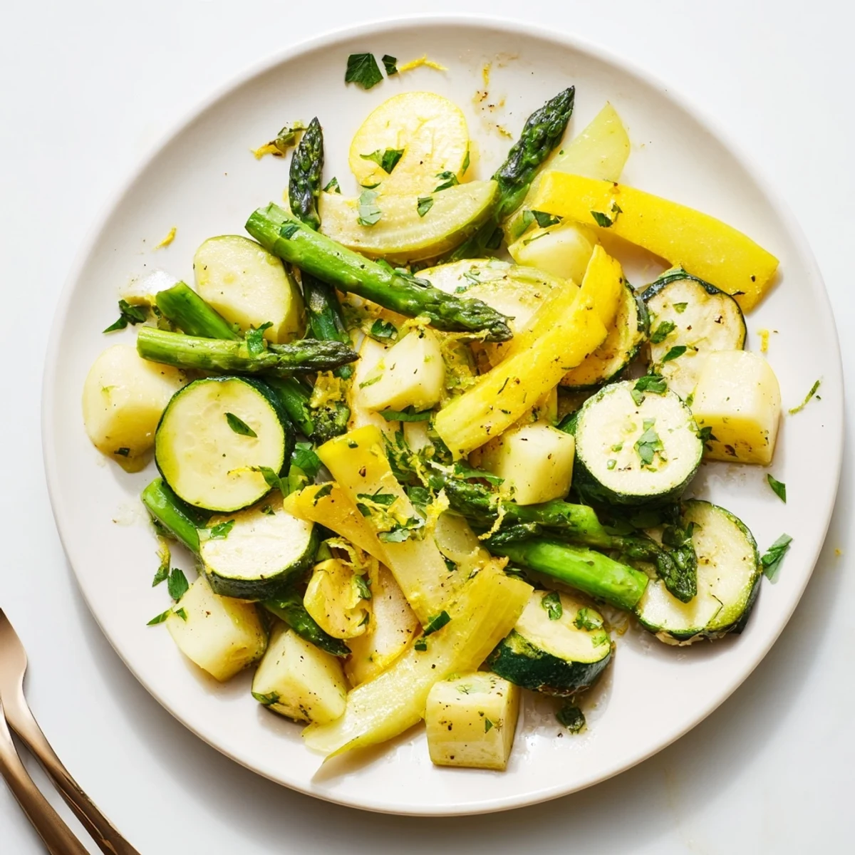 Healthy Mediterranean side dish of vibrant asparagus zucchini and yellow squash garnished with parsley