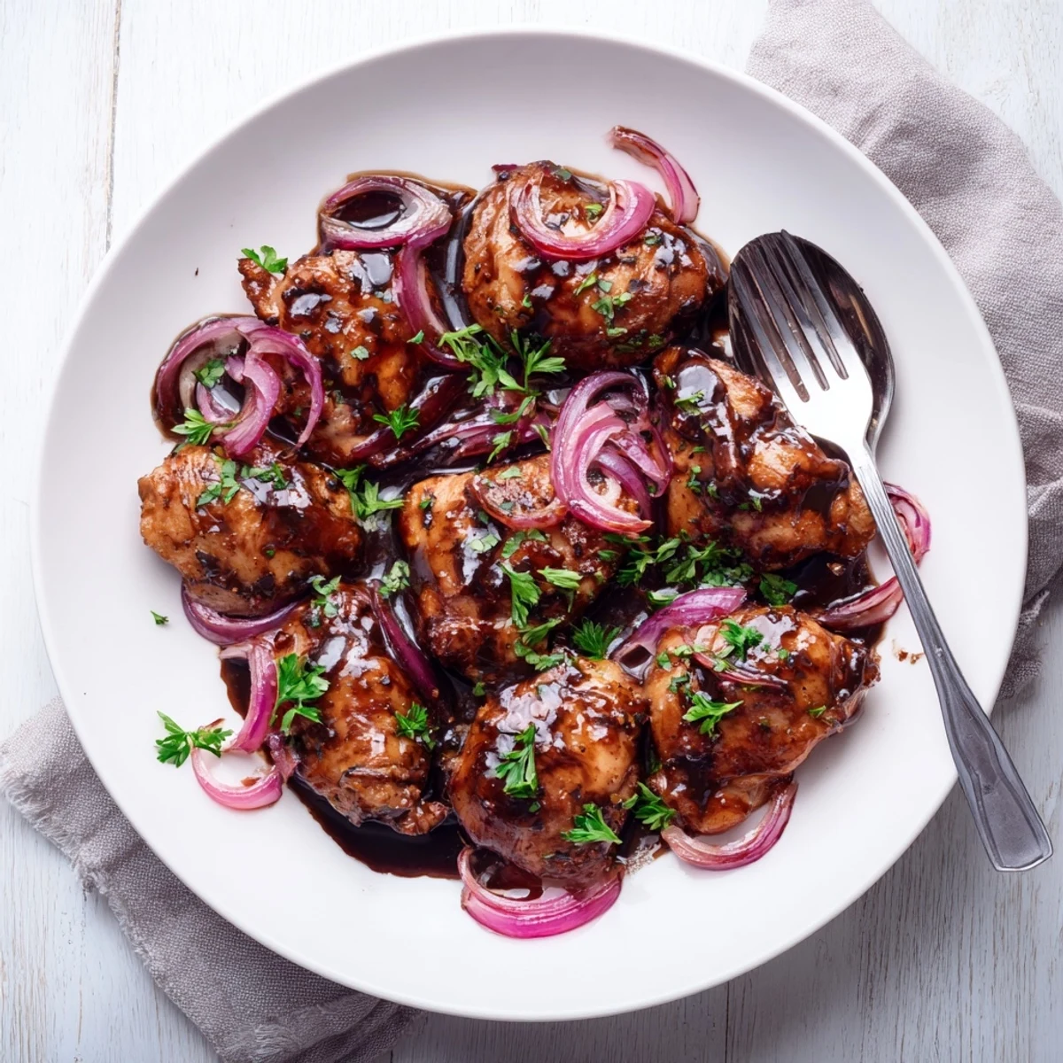 Golden brown slow cooker balsamic chicken thighs glazed in rich dark tangy sauce