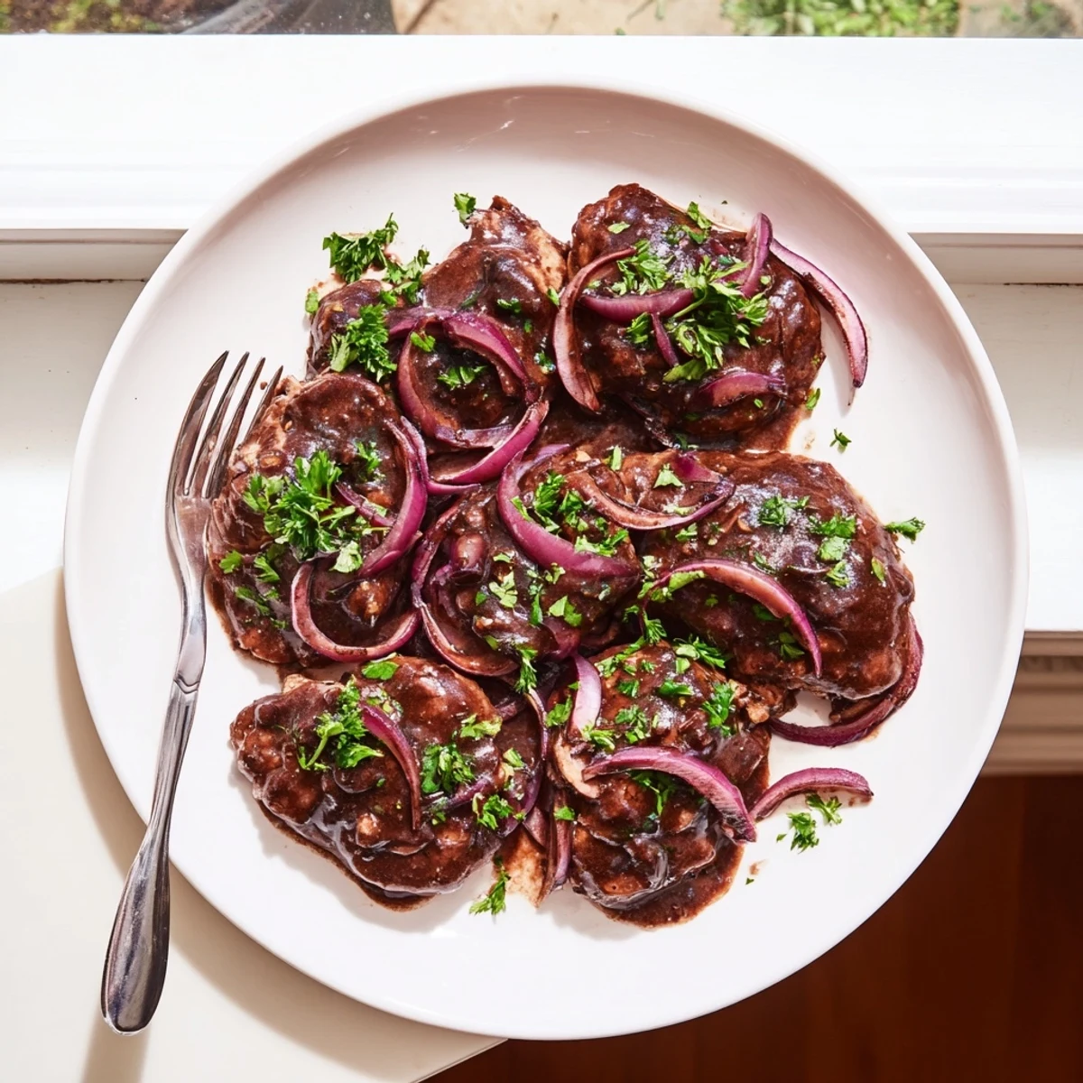Savory slow cooker balsamic chicken drizzled with thick glossy sauce over fresh parsley garnish