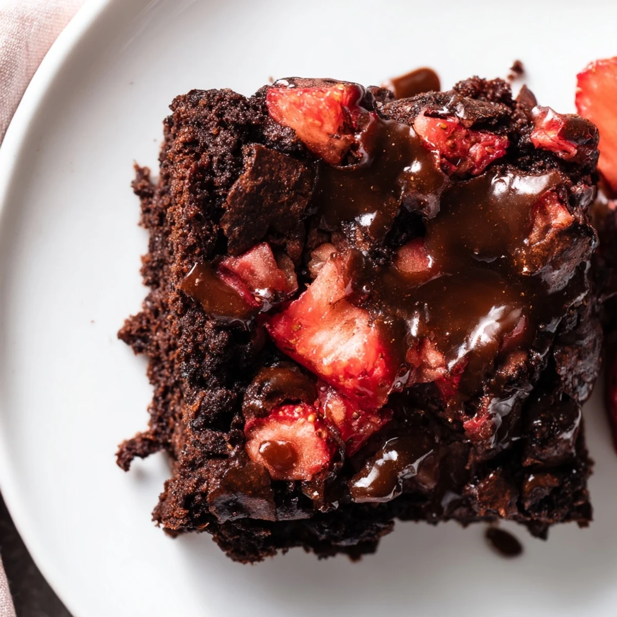 Fudgy homemade easy strawberry brownies topped with sweet pink strawberry glaze drizzle