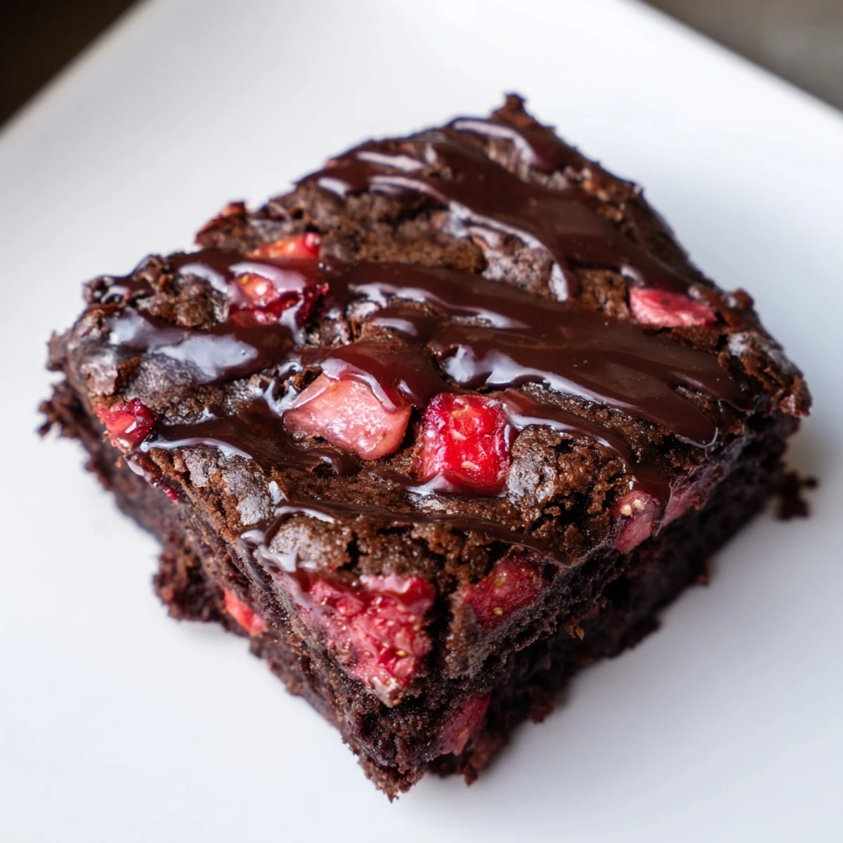 Square pan of chocolatey easy strawberry brownies with juicy red fruit pieces throughout
