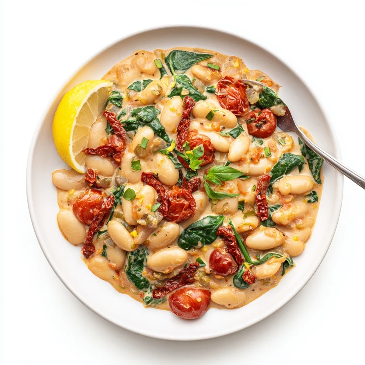 Golden butter beans simmered in tangy Greek yogurt tomato sauce with sun-dried tomatoes and spinach