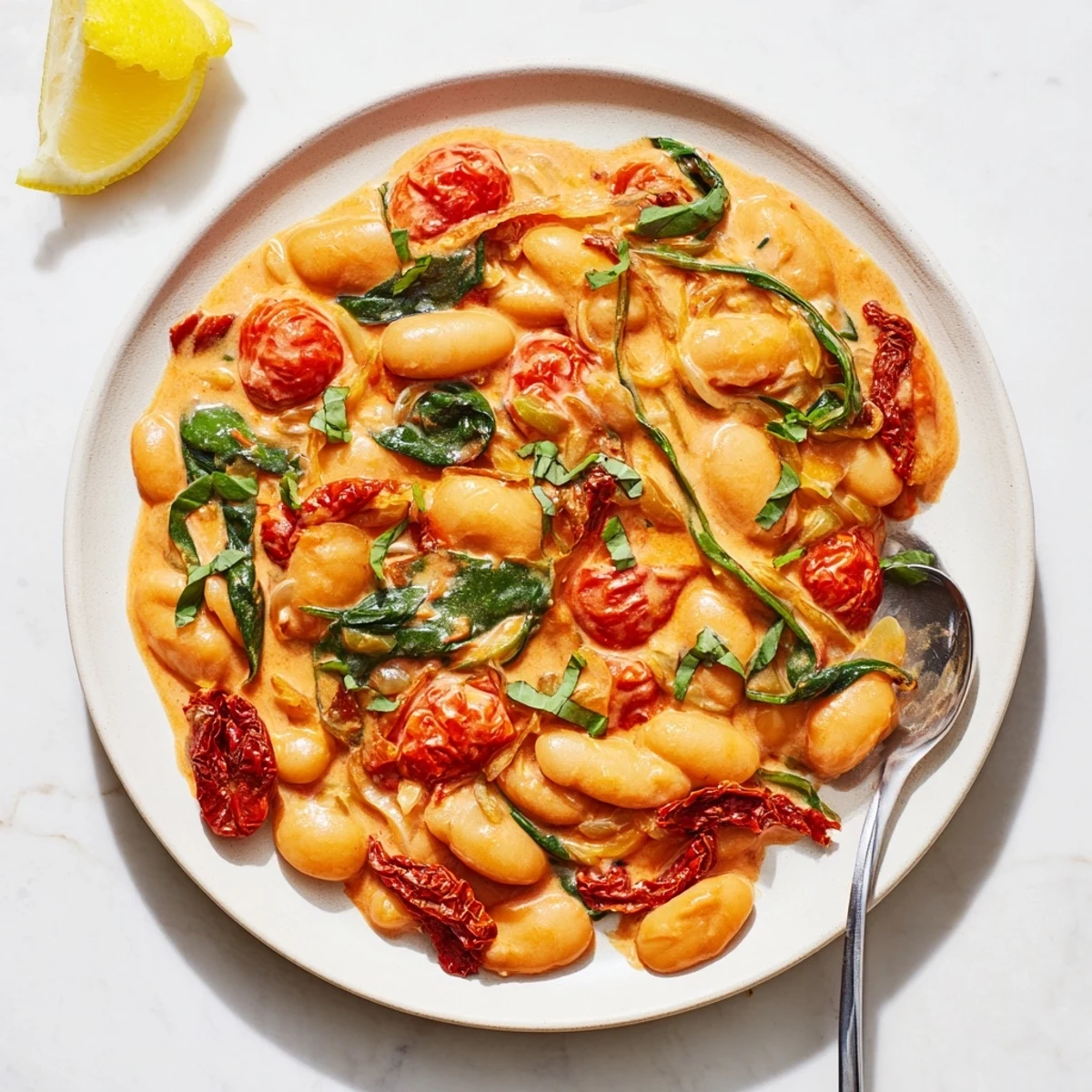 Heating skillet of Greek yogurt marry me butter beans with cherry tomatoes and aromatic herbs