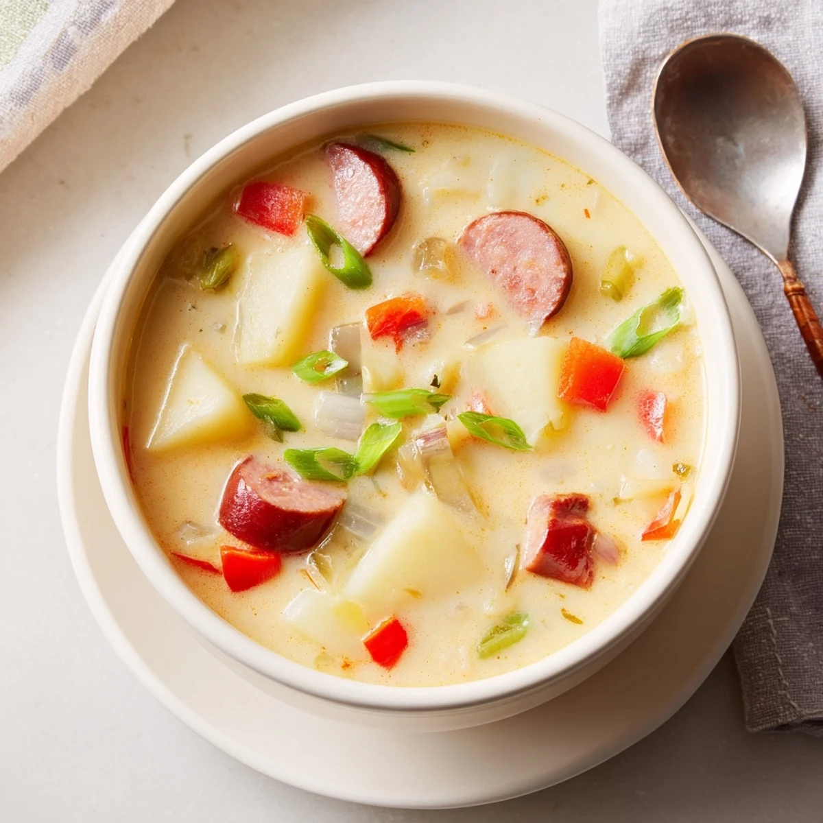 Hearty bowl of Cajun potato soup featuring tender potato chunks, smoky sliced sausage, and vibrant diced peppers swimming in rich seasoned broth.