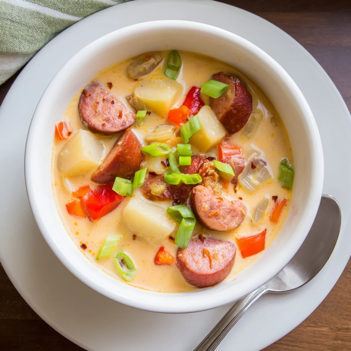 Creamy spicy Cajun potato soup loaded with andouille sausage, colorful vegetables, and garnished with fresh green onions in a rustic bowl.