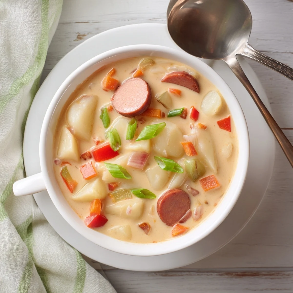 Golden creamy Cajun potato soup topped with sliced andouille and green onions, showcasing thick texture and spicy red pepper flecks throughout.