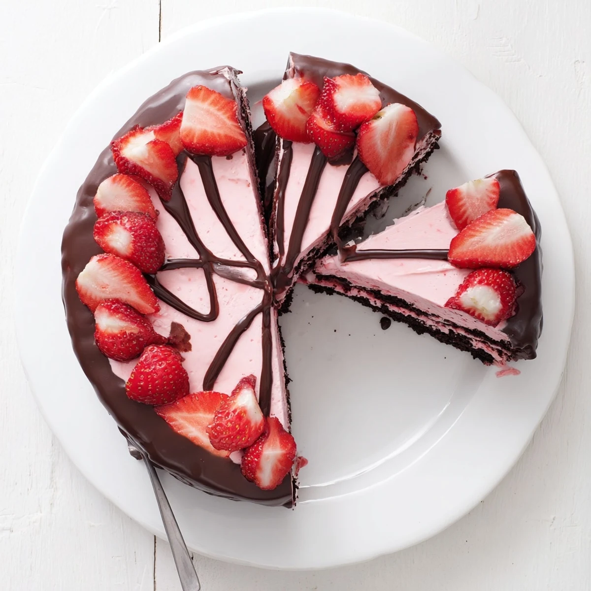 Decadent chocolate covered strawberry ice cream cake with glossy chocolate shell and fresh strawberry garnish