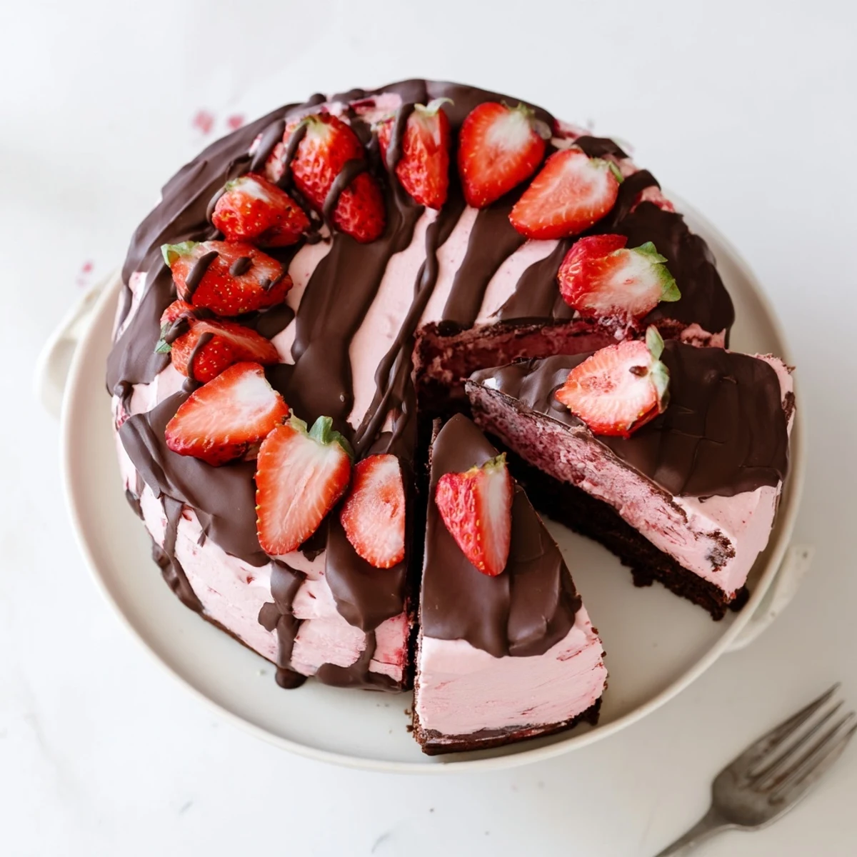 Frozen chocolate covered strawberry ice cream cake topped with halved strawberries and dark chocolate drizzle