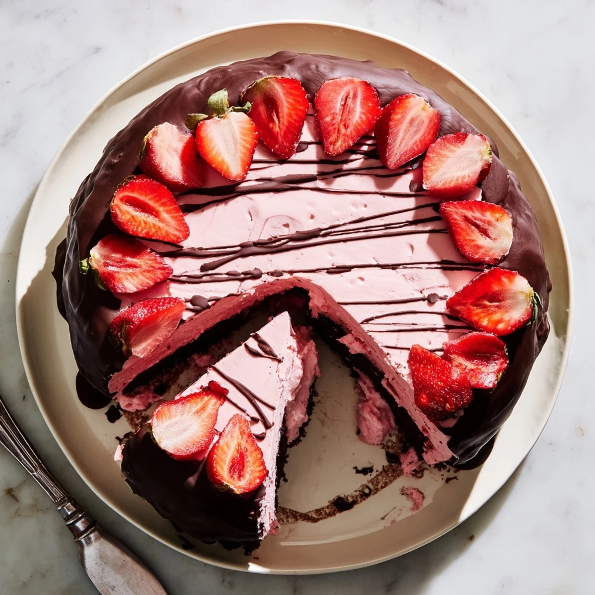 Slice of rich chocolate covered strawberry ice cream cake revealing layered cake and pink strawberry cream