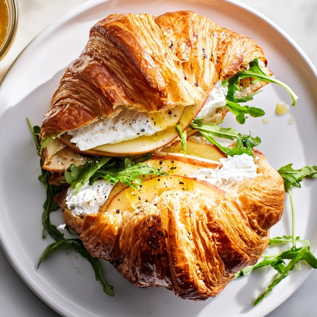 Flaky buttery croissant sandwich layered with creamy goat cheese and crisp green apple slices