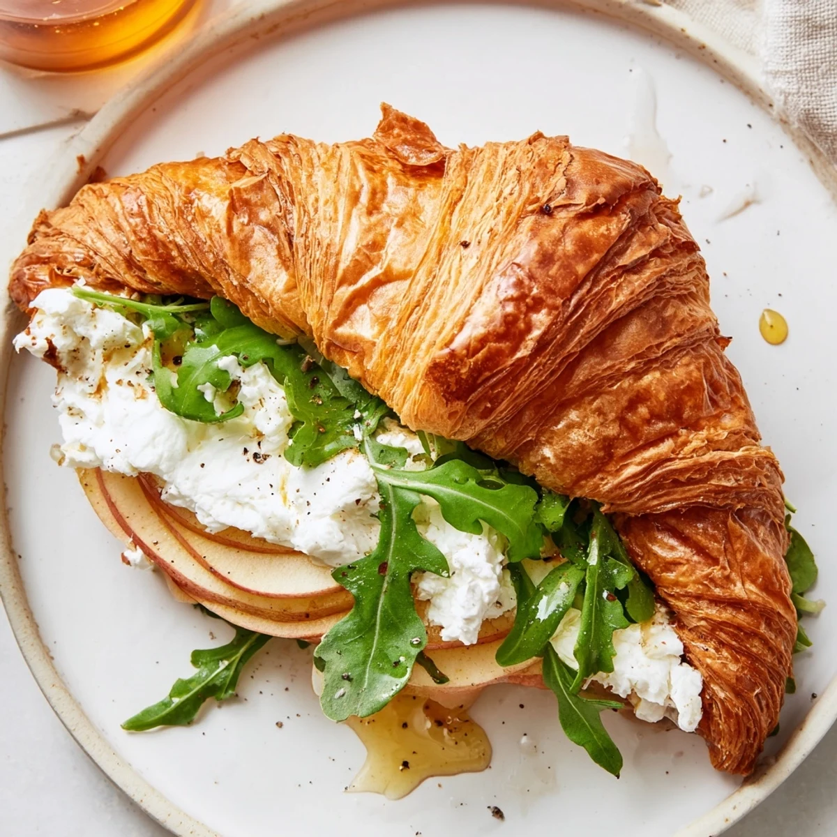 Gourmet apple goat cheese croissant sandwich topped with fresh arugula on a wooden board