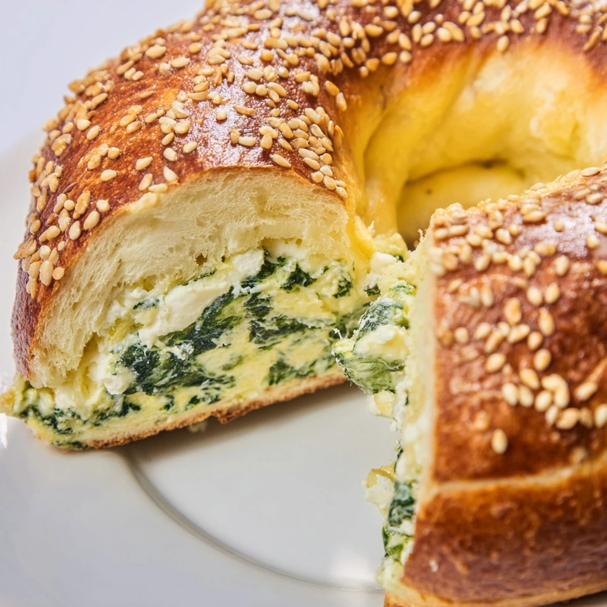 Golden spinach cottage cheese flagels baked to perfection with sesame seed topping