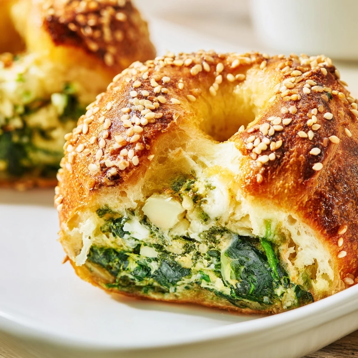 Chewy flatbagel stuffed with creamy spinach filling and golden parmesan cheese