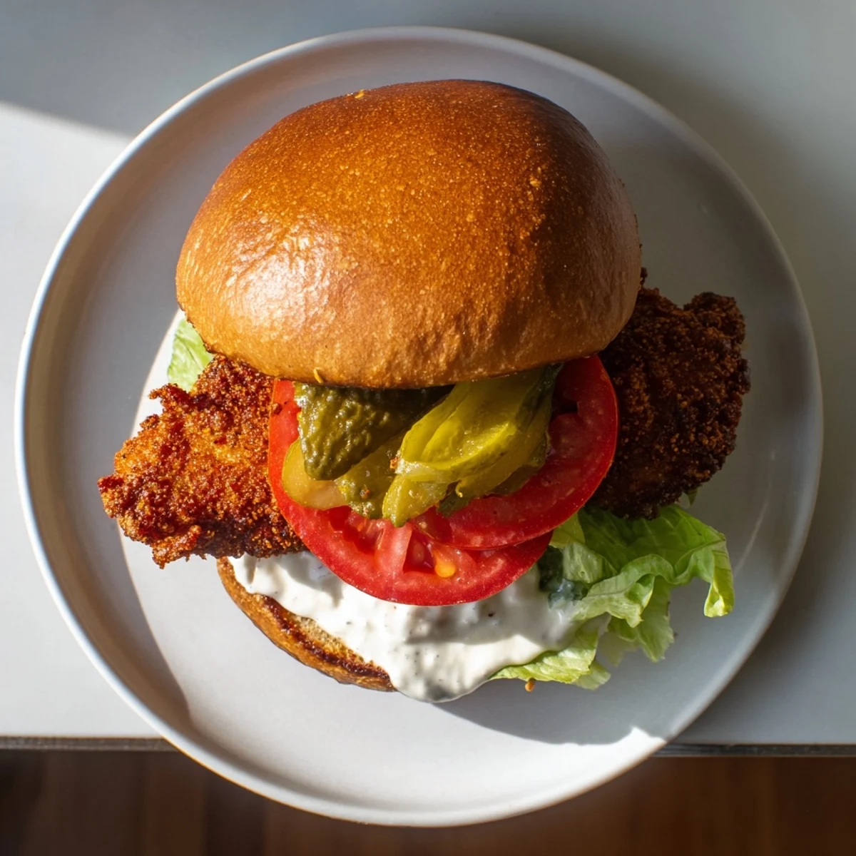 Golden brown Cajun crispy chicken sandwich with garlic aioli on toasted brioche bun