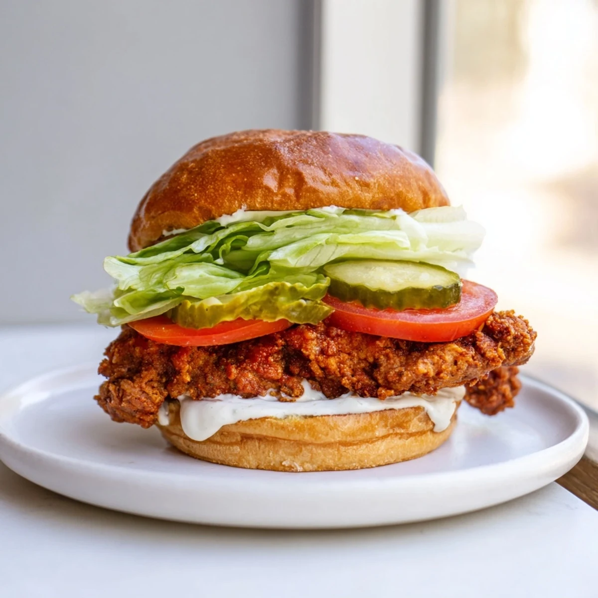 Crispy Cajun chicken sandwich layered with lettuce tomato and homemade garlic aioli sauce