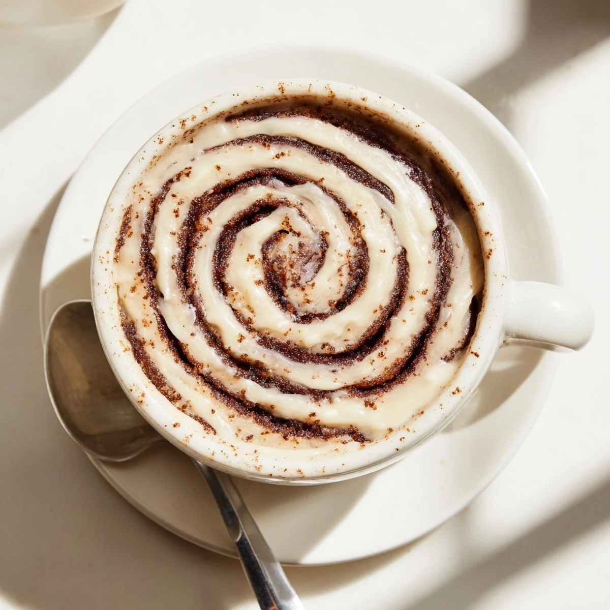 Steamy high protein cottage cheese cinnamon roll mug cake drizzled with sweet cream cheese icing in a white ceramic mug