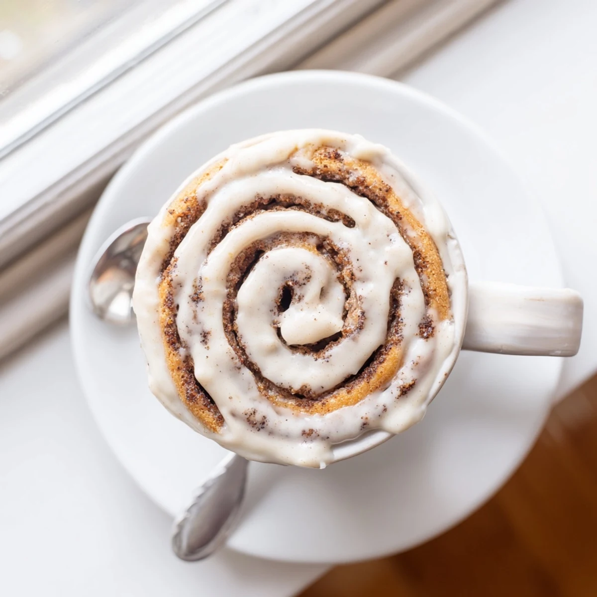 Fluffy microwave cinnamon roll mug cake with visible cinnamon swirls and protein-rich cottage cheese batter, topped with powdered sugar