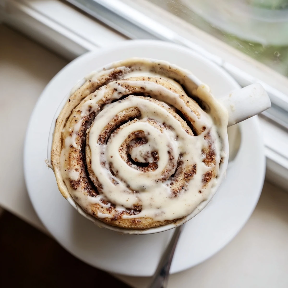 Single-serving protein-packed cinnamon roll mug cake featuring ribbons of brown sugar cinnamon and a generous glaze topping, served warm