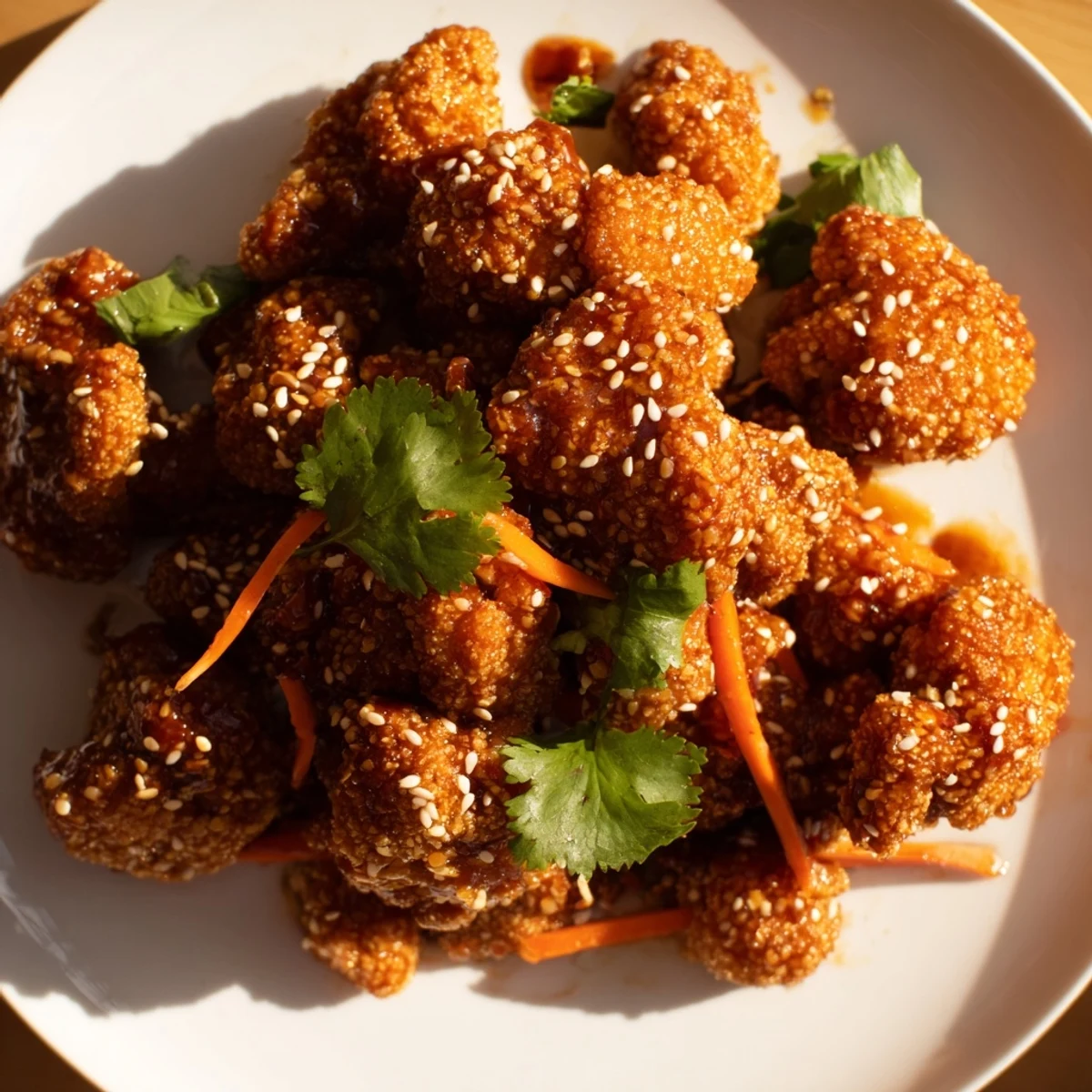 Crispy General Tsos cauliflower bowls served over fluffy white rice with fresh colorful vegetables and garnished with sesame seeds and green onions