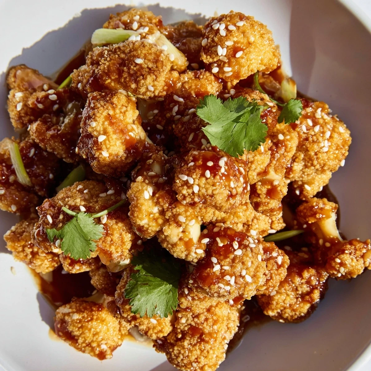 Golden brown cauliflower florets coated in tangy sweet General Tsos sauce arranged in a bowl with steamed rice and julienned carrots