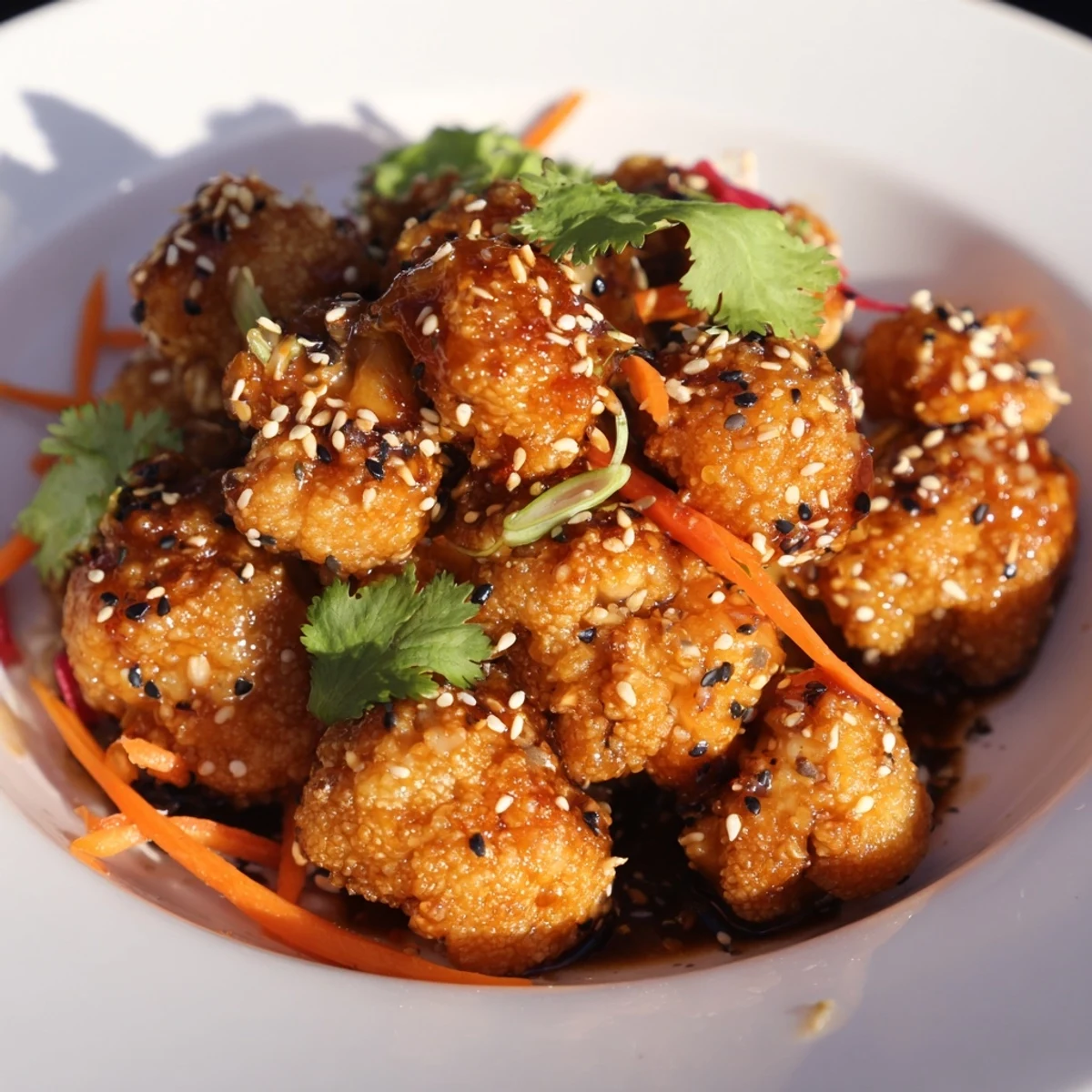 Vegan General Tsos cauliflower featuring crispy battered florets glazed in spicy sauce and served with rice snow peas and fresh cilantro
