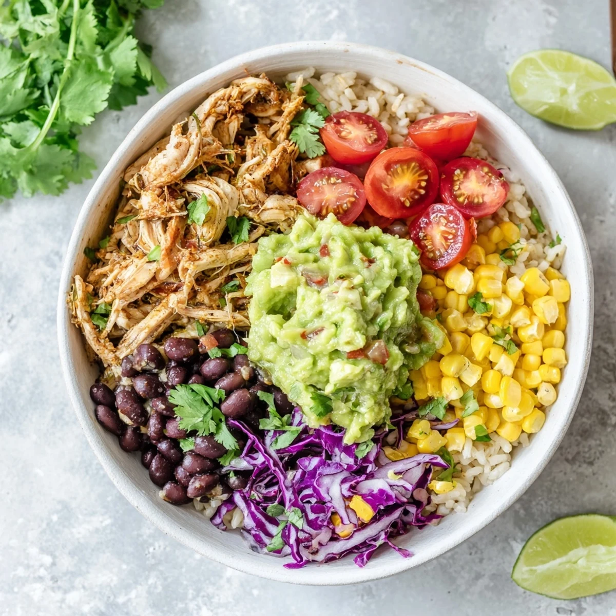 Vibrant pulled chicken guacamole bowl loaded with fresh veggies and fluffy brown rice